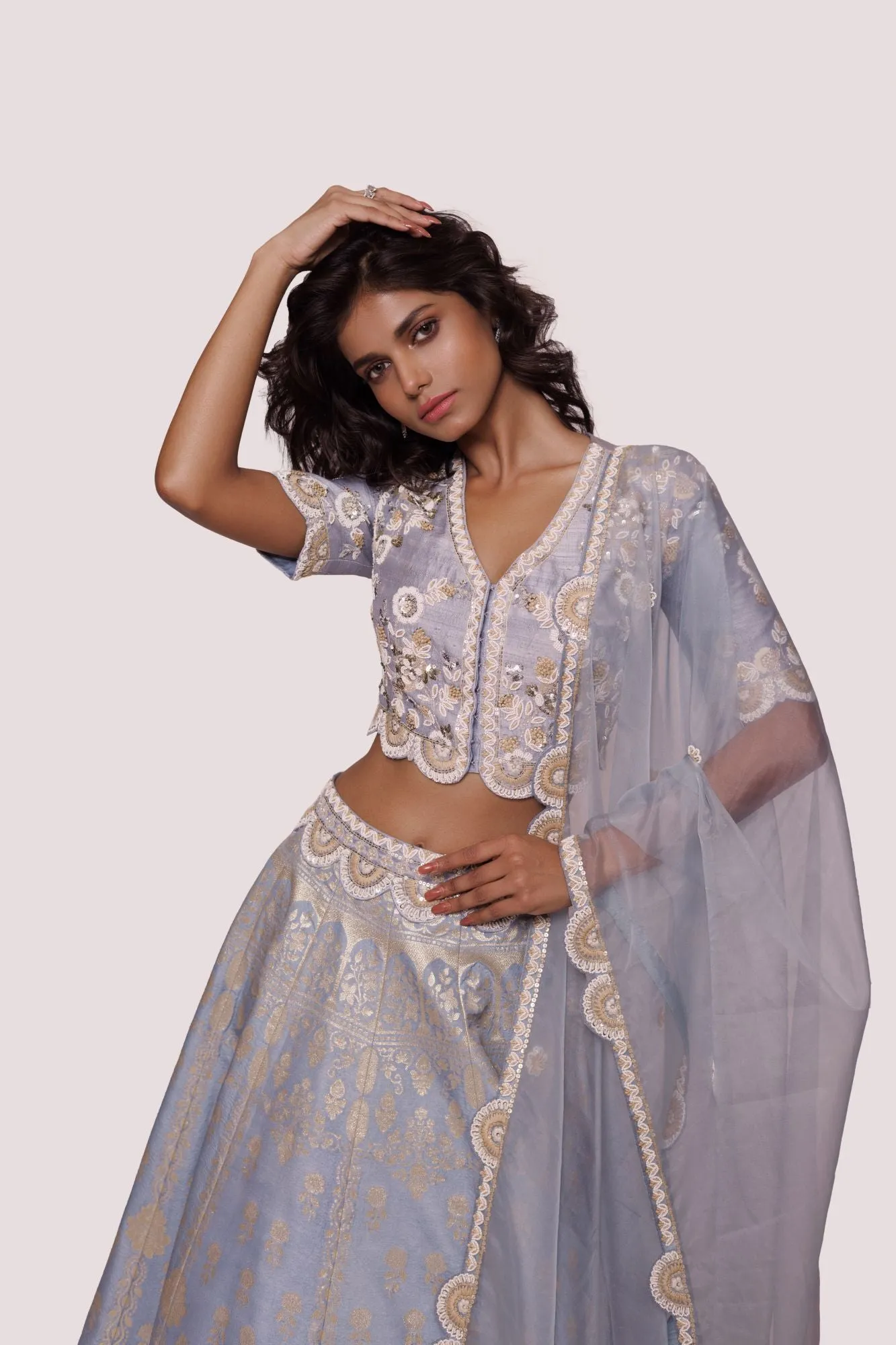 30Z341-RO Powder Blue Hand Embroidered Silk Lehenga with Dupatta