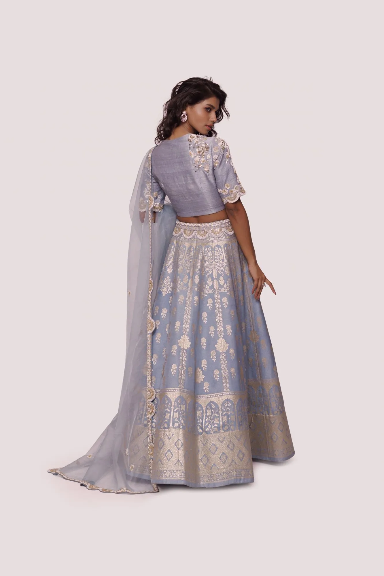 30Z341-RO Powder Blue Hand Embroidered Silk Lehenga with Dupatta