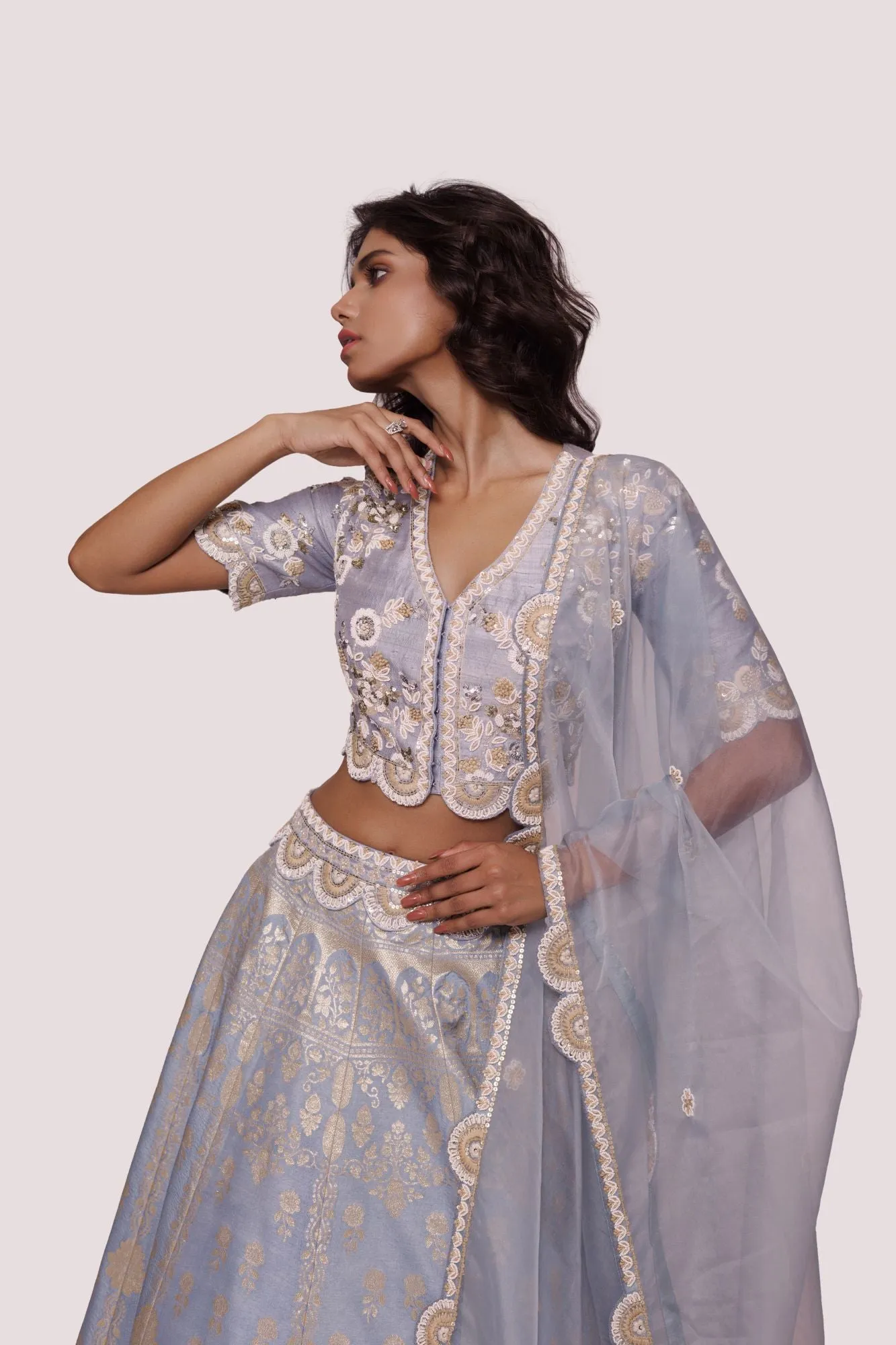 30Z341-RO Powder Blue Hand Embroidered Silk Lehenga with Dupatta