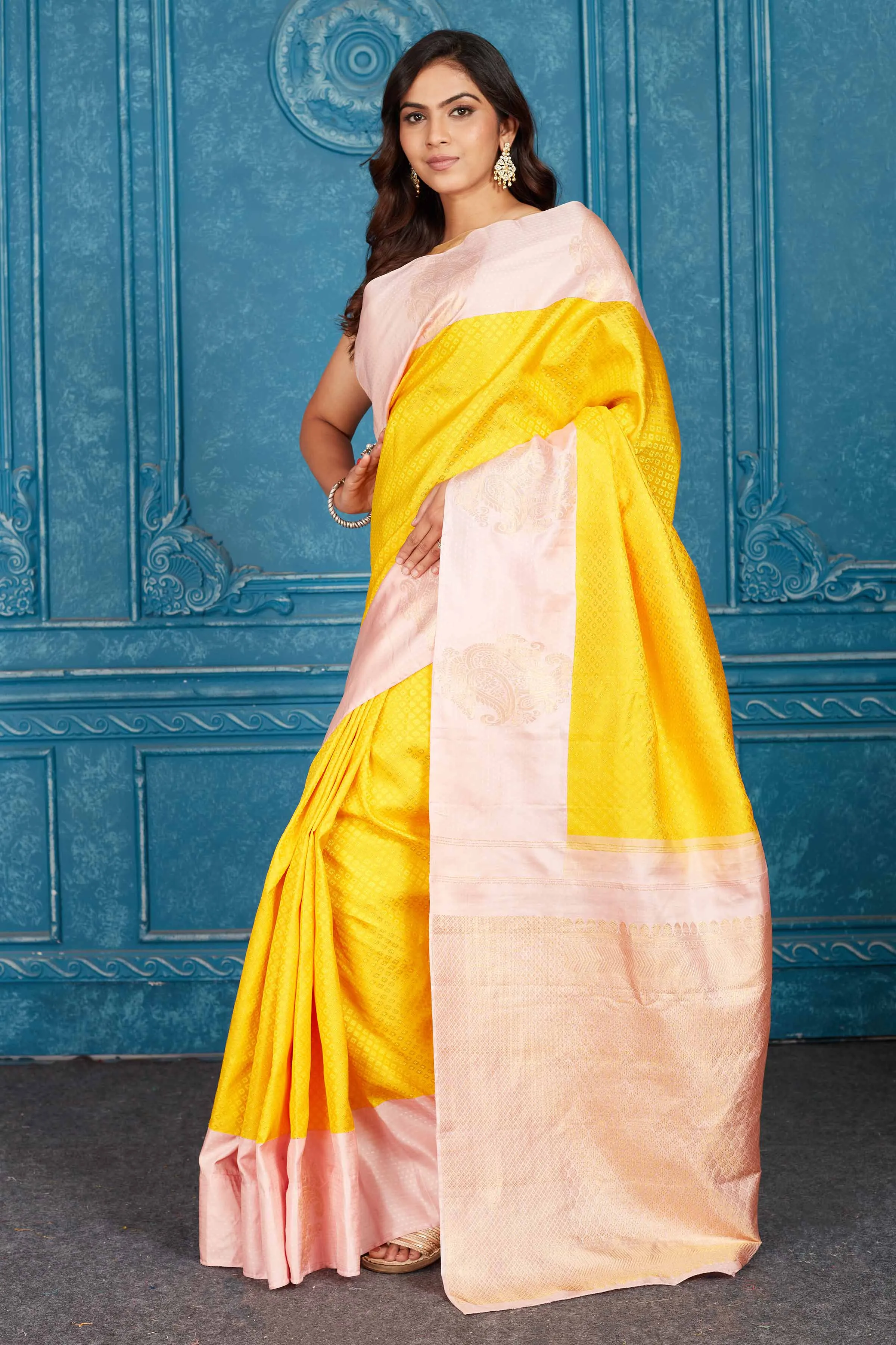 91A458 Yellow and Powder Pink Kanjeevaram Silk Saree