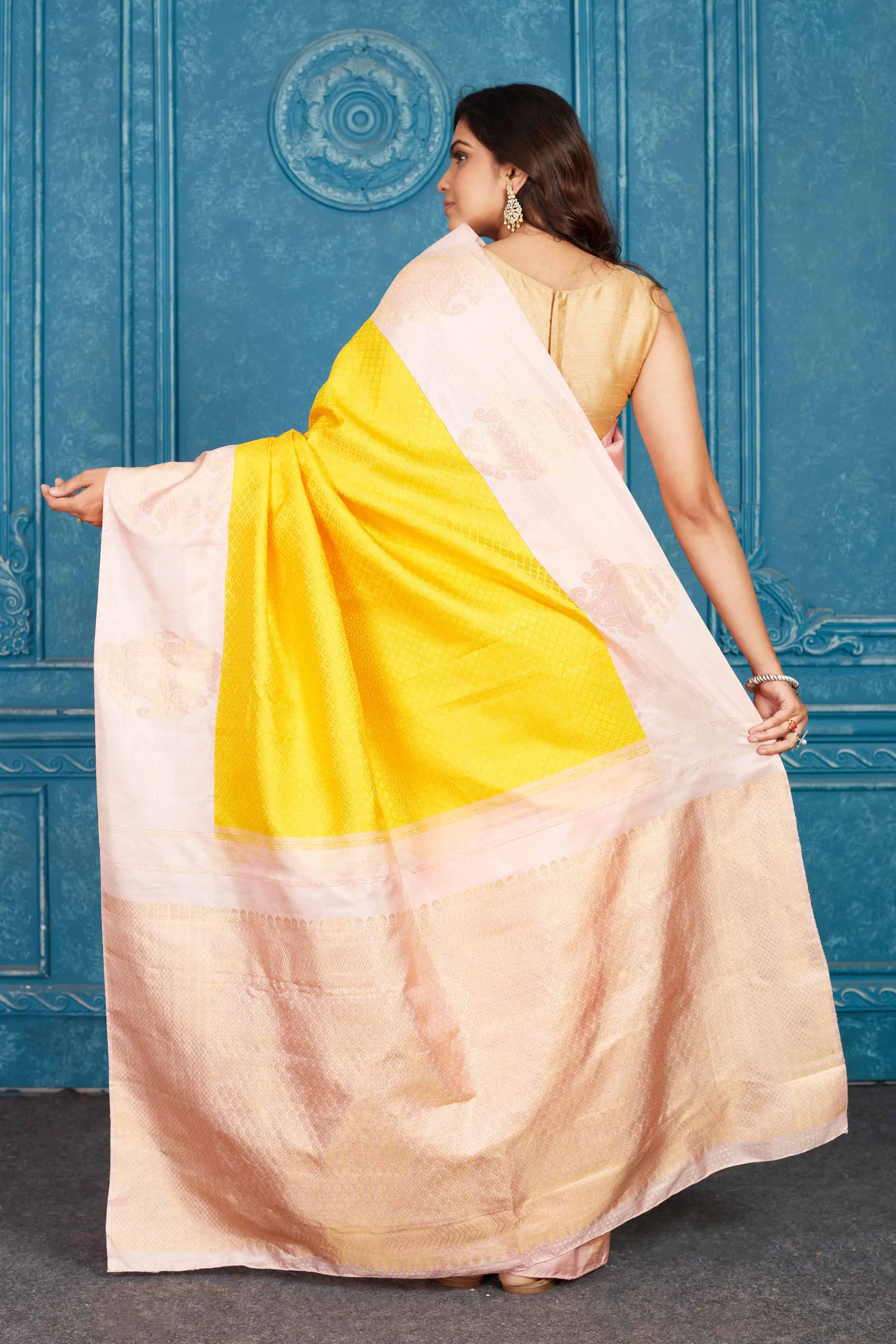 91A458 Yellow and Powder Pink Kanjeevaram Silk Saree