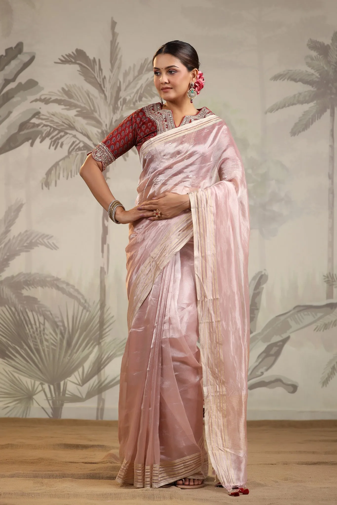 91Z198-RO Powder Pink Tissue Silk Saree with Embroidered Blouse