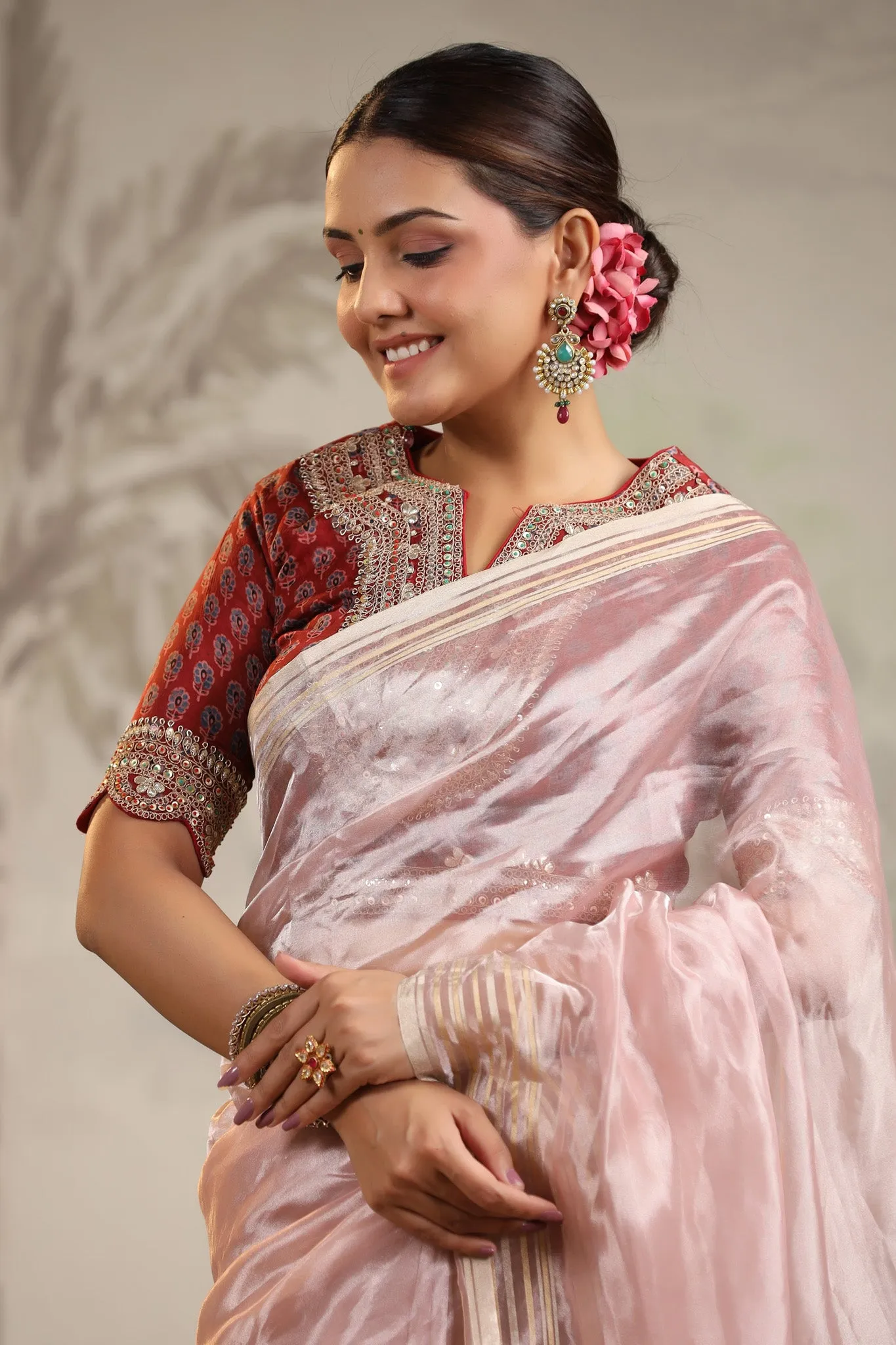 91Z198-RO Powder Pink Tissue Silk Saree with Embroidered Blouse