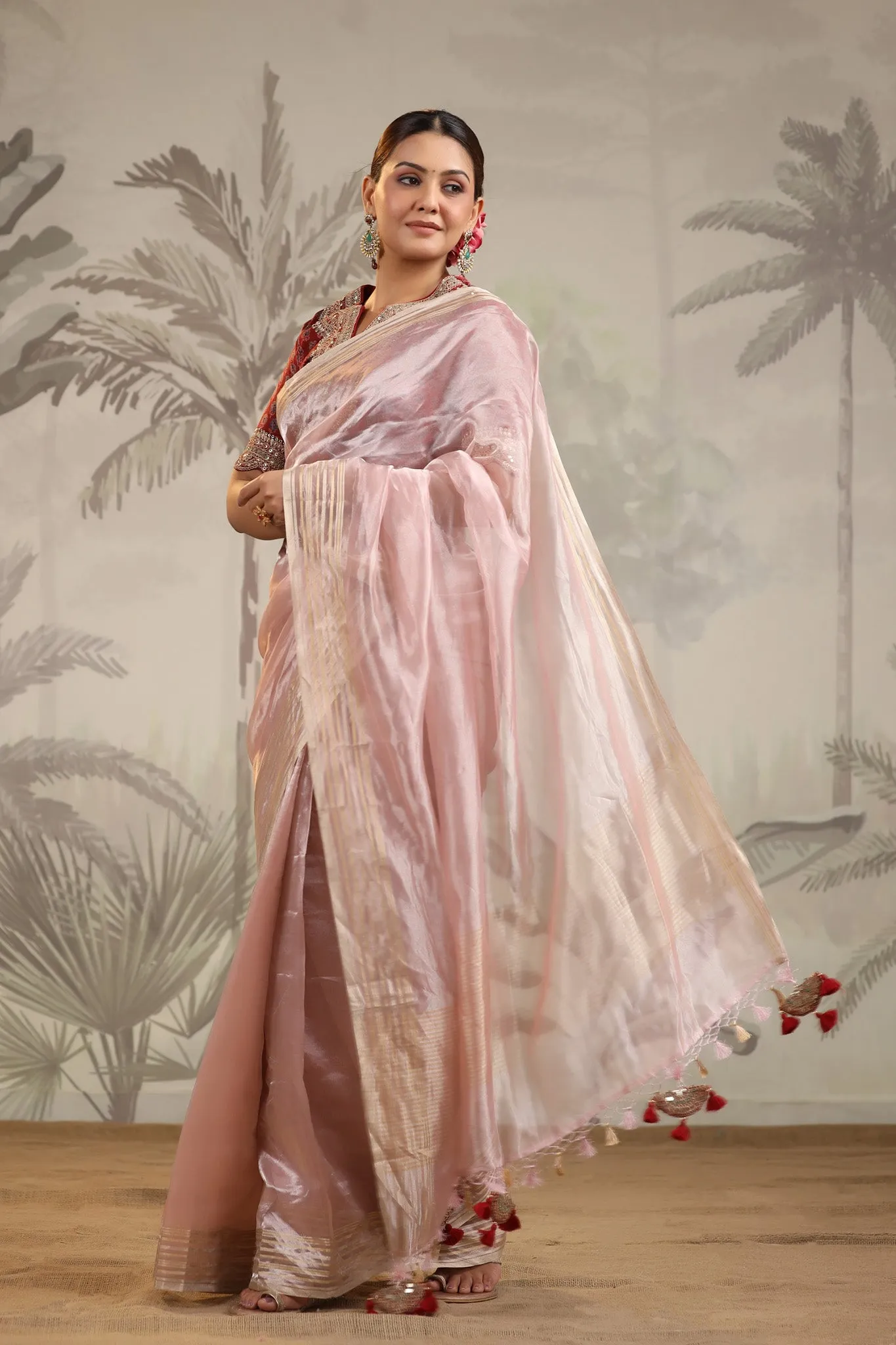 91Z198-RO Powder Pink Tissue Silk Saree with Embroidered Blouse