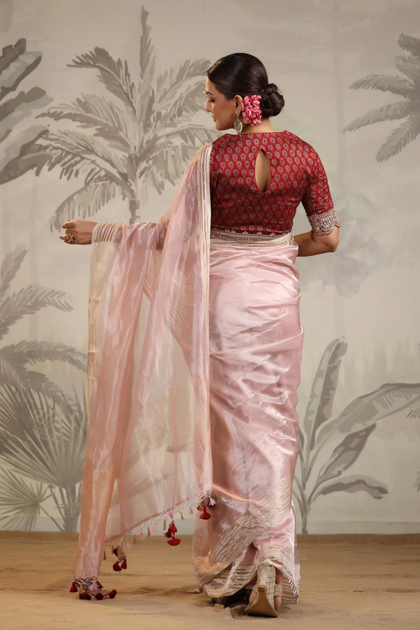 91Z198-RO Powder Pink Tissue Silk Saree with Embroidered Blouse