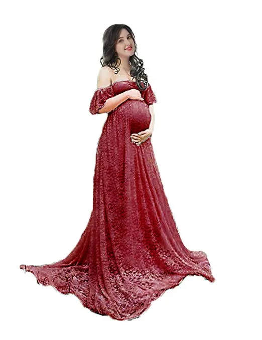 Off Shoulder Ruffle Sleeve Lace Maternity Gown Plus Maxi Photography Dress