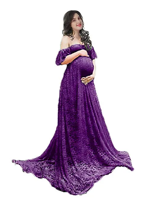 Off Shoulder Ruffle Sleeve Lace Maternity Gown Plus Maxi Photography Dress