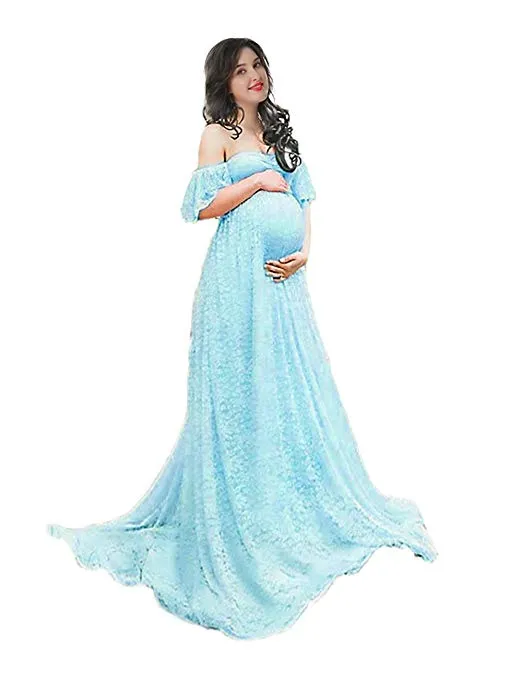 Off Shoulder Ruffle Sleeve Lace Maternity Gown Plus Maxi Photography Dress