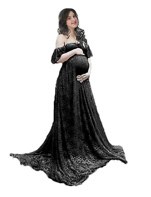 Off Shoulder Ruffle Sleeve Lace Maternity Gown Plus Maxi Photography Dress