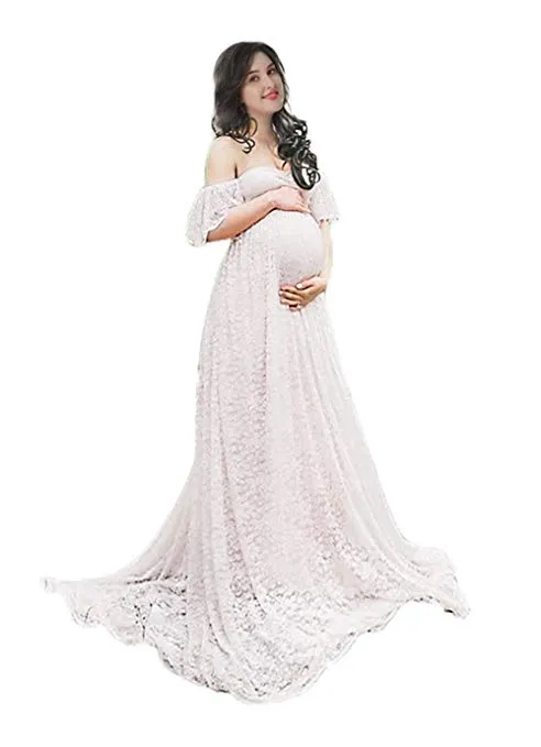 Off Shoulder Ruffle Sleeve Lace Maternity Gown Plus Maxi Photography Dress