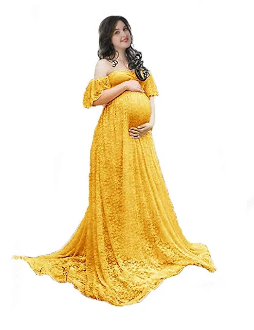 Off Shoulder Ruffle Sleeve Lace Maternity Gown Plus Maxi Photography Dress