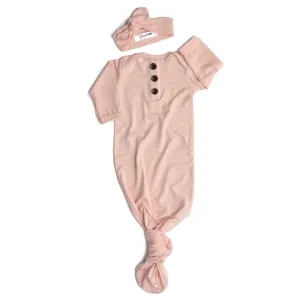 Powder Pink Knotted Button Gown -  NB-3m