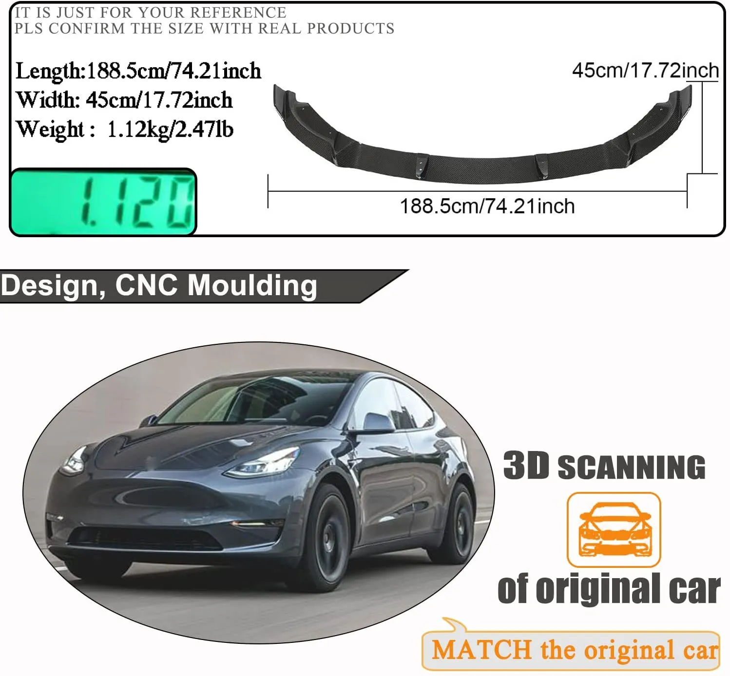 Real Carbon Fiber Front Lip V-Style Spoiler for Tesla Model Y 2020-2024