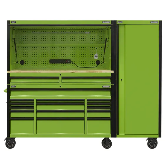 Sealey AP6115BECOMBO2 15 Drawer 1549mm Mobile Trolley with Wooden Worktop, Hutch, 2 Drawer Riser & Side Locker