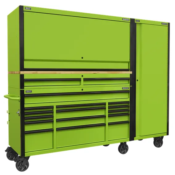 Sealey AP6115BECOMBO2 15 Drawer 1549mm Mobile Trolley with Wooden Worktop, Hutch, 2 Drawer Riser & Side Locker